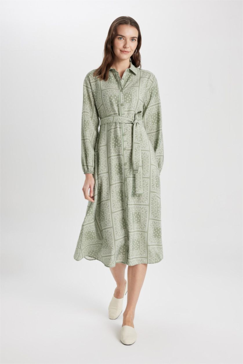 Kadın Açık Haki Gömlek Yaka Desenli Aerobin Uzun Kollu Kuşaklı Midi Elbise