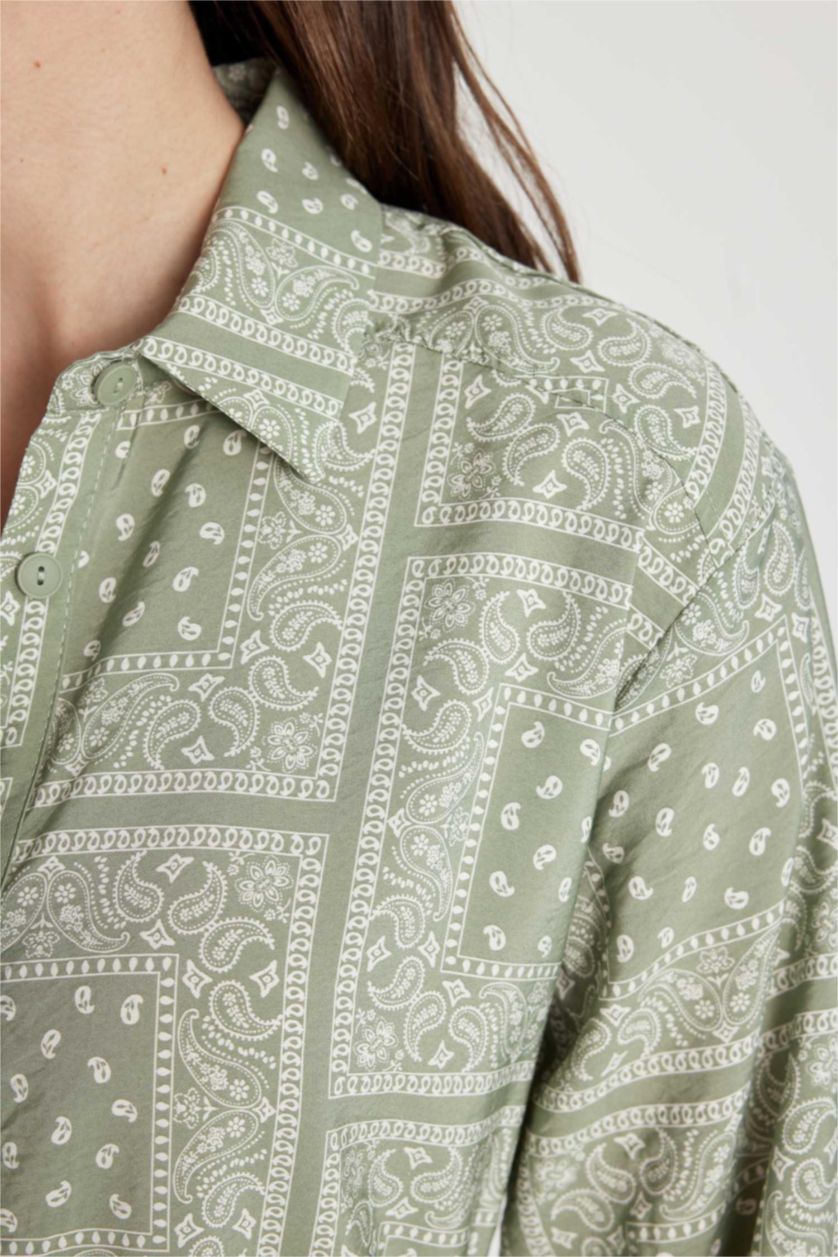 Kadın Açık Haki Gömlek Yaka Desenli Aerobin Uzun Kollu Kuşaklı Midi Elbise