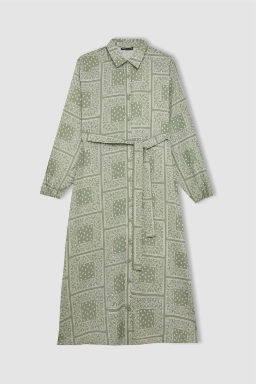 Kadın Açık Haki Gömlek Yaka Desenli Aerobin Uzun Kollu Kuşaklı Midi Elbise