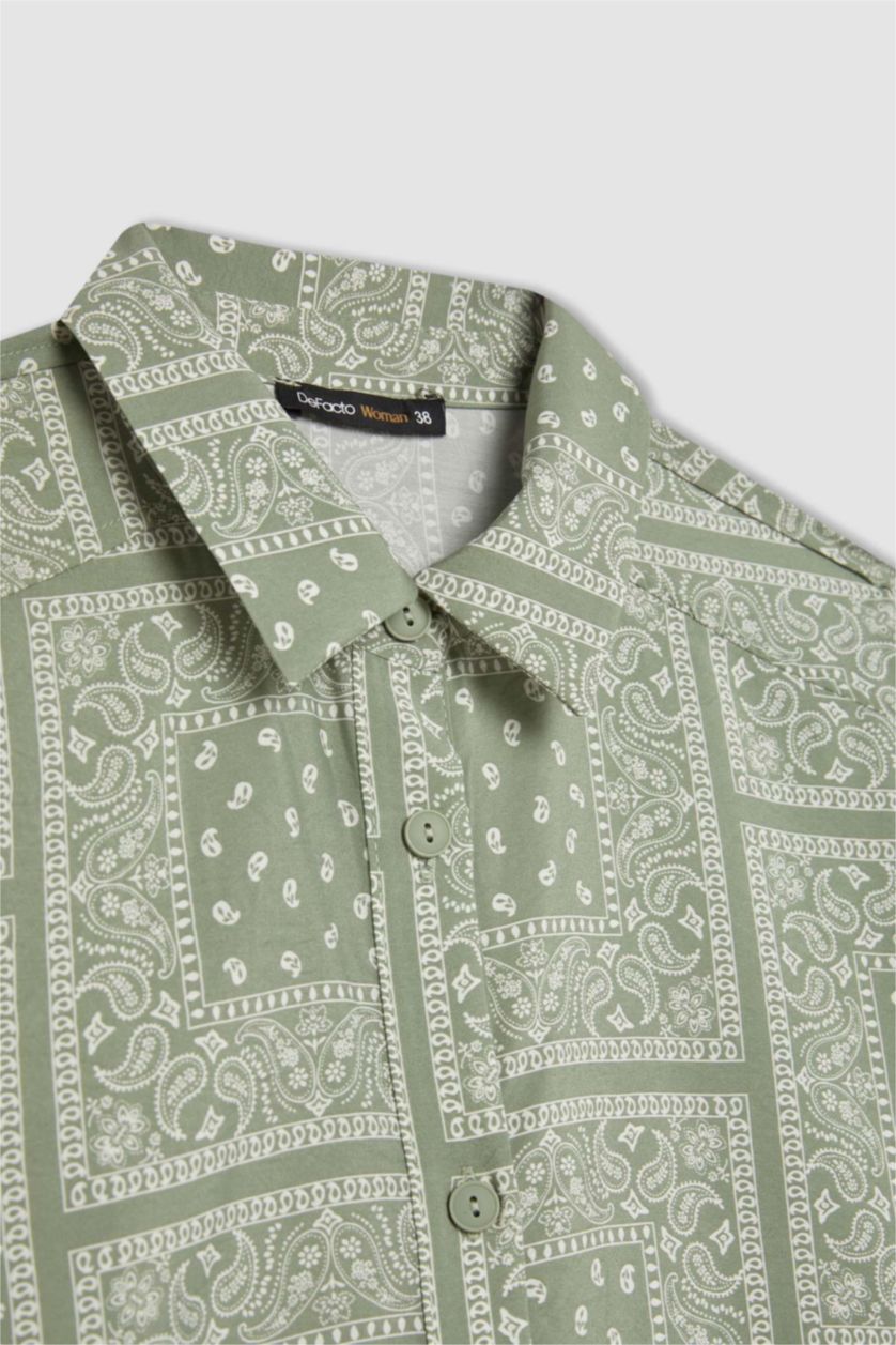 Kadın Açık Haki Gömlek Yaka Desenli Aerobin Uzun Kollu Kuşaklı Midi Elbise