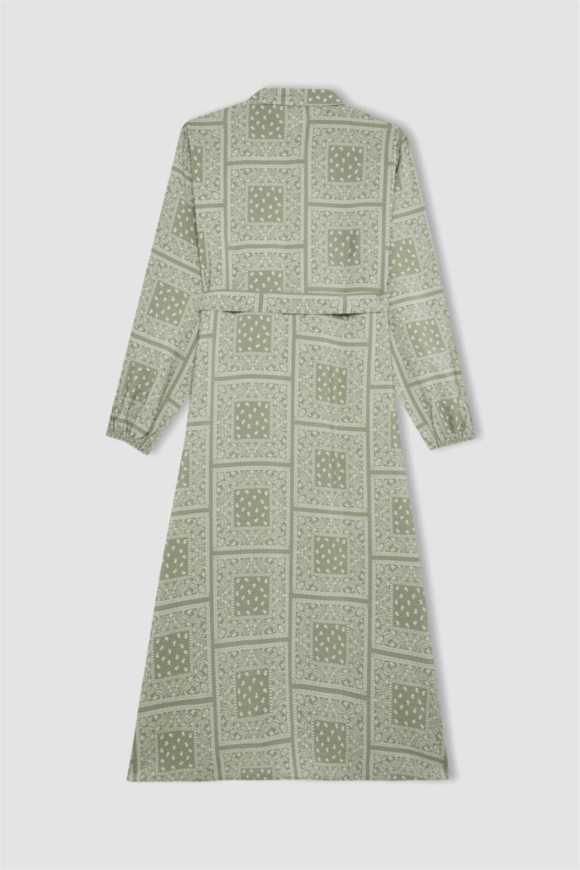 Kadın Açık Haki Gömlek Yaka Desenli Aerobin Uzun Kollu Kuşaklı Midi Elbise