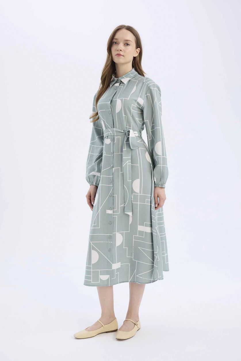Kadın Açık Yeşil Gömlek Yaka Desenli Aerobin Uzun Kollu Kuşaklı Midi Elbise
