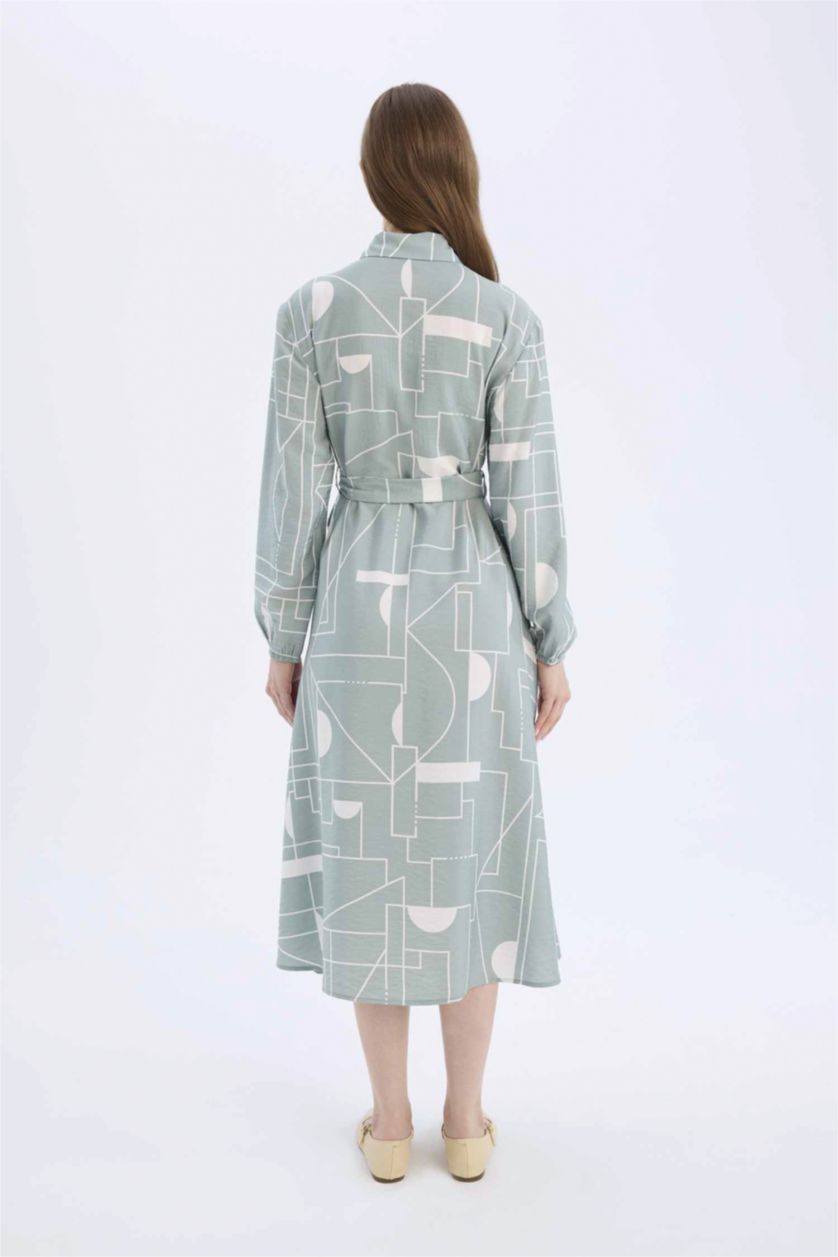 Kadın Açık Yeşil Gömlek Yaka Desenli Aerobin Uzun Kollu Kuşaklı Midi Elbise