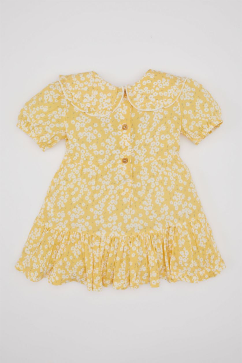 طفلة صغيرة أصفر فستان بناتي بنقشة الزهور نص كم فيسكوز قصة عادية وياقة بيبي