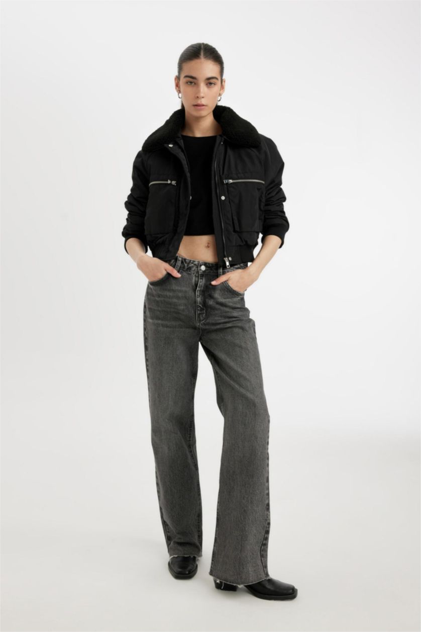 نساء أسود جاكيت بومبر برقبة عريضة