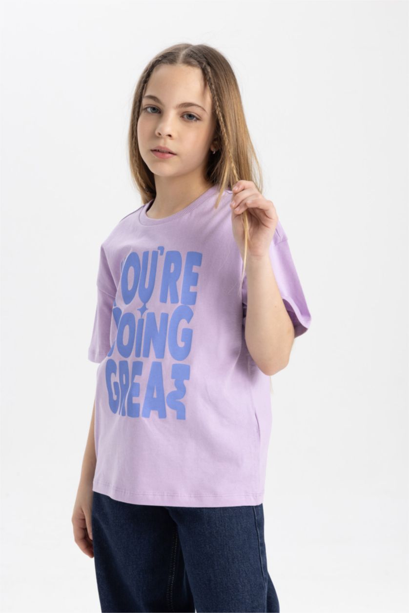 FILLES Violet T-shirt imprimé à manches courtes Coupe décontractée pour fille