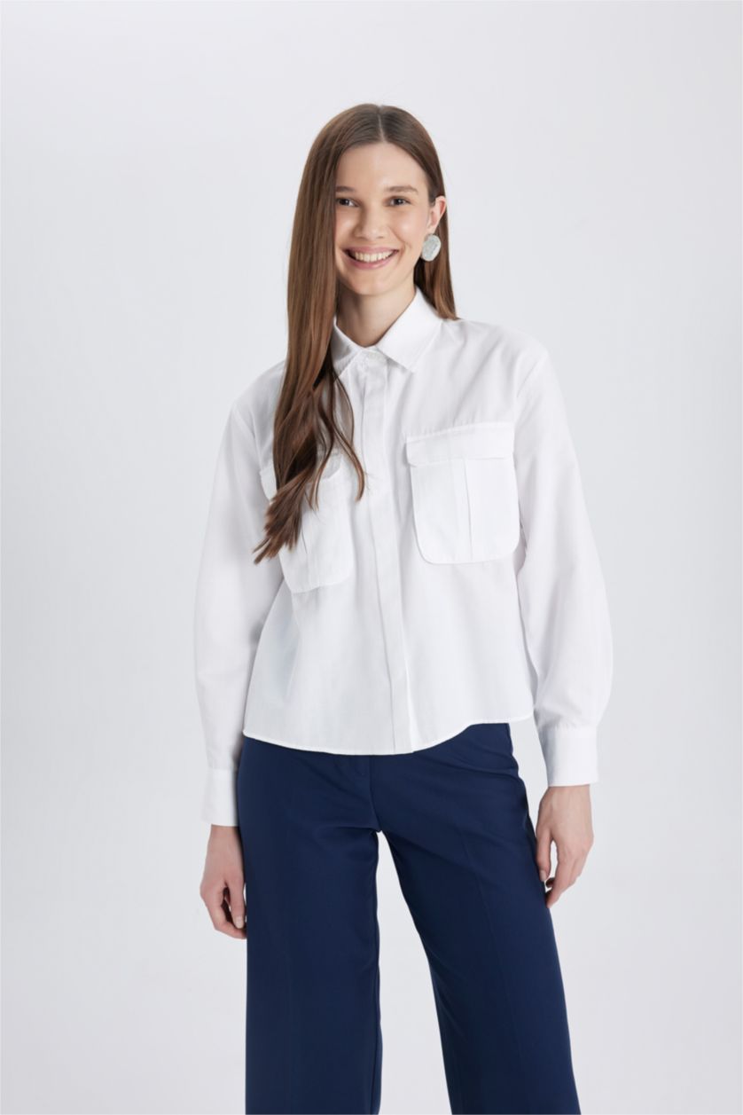 WOMAN White Regular Fit Poplin Shirt Collar Long Sleeve Tunic