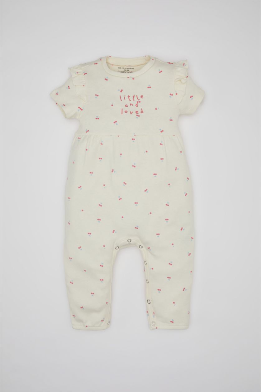 Kız Bebek Ekru Kız Bebek Yeni Doğan Desenli Kısa Kollu Tulum