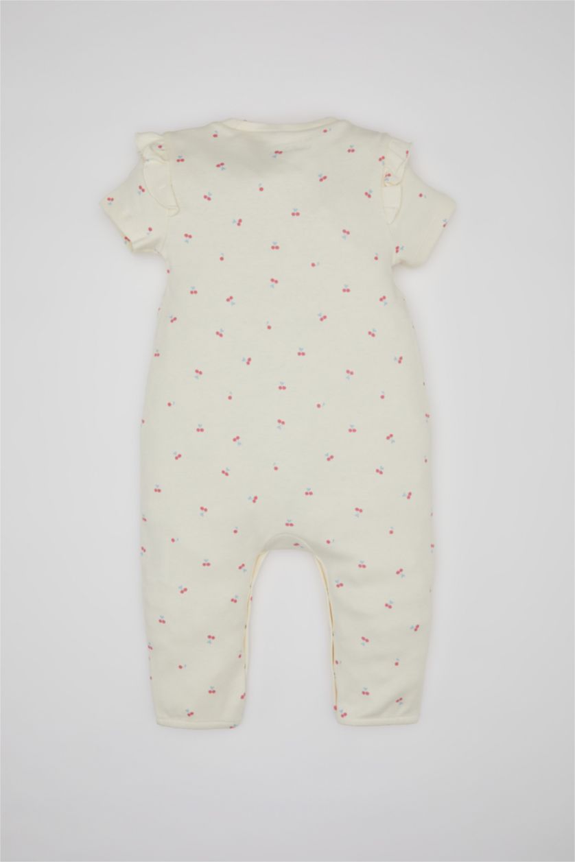 Kız Bebek Ekru Kız Bebek Yeni Doğan Desenli Kısa Kollu Tulum