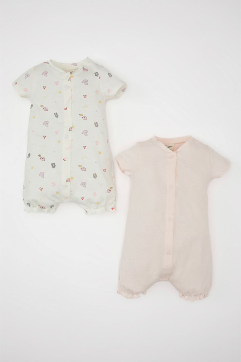 Kız Bebek Açık Pembe Kız Bebek Yenidoğan Deniz Baskılı Penye 2'li Kısa Kollu Tulum