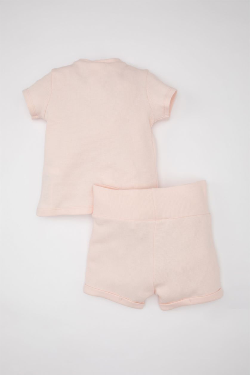 Kız Bebek Açık Pembe Kız Bebek 2'li Takım Nakışlı Waffle Kısa Kollu Tişört Şort