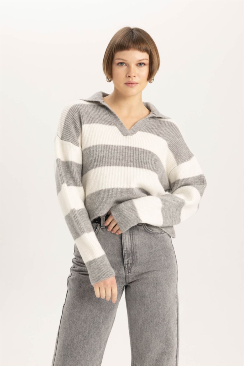WOMAN Grey Melange Relax Fit Polo Collar Thessaloniki Fabric Pullover