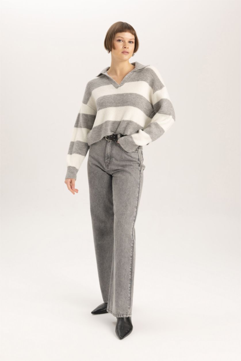 WOMAN Grey Melange Relax Fit Polo Collar Thessaloniki Fabric Pullover