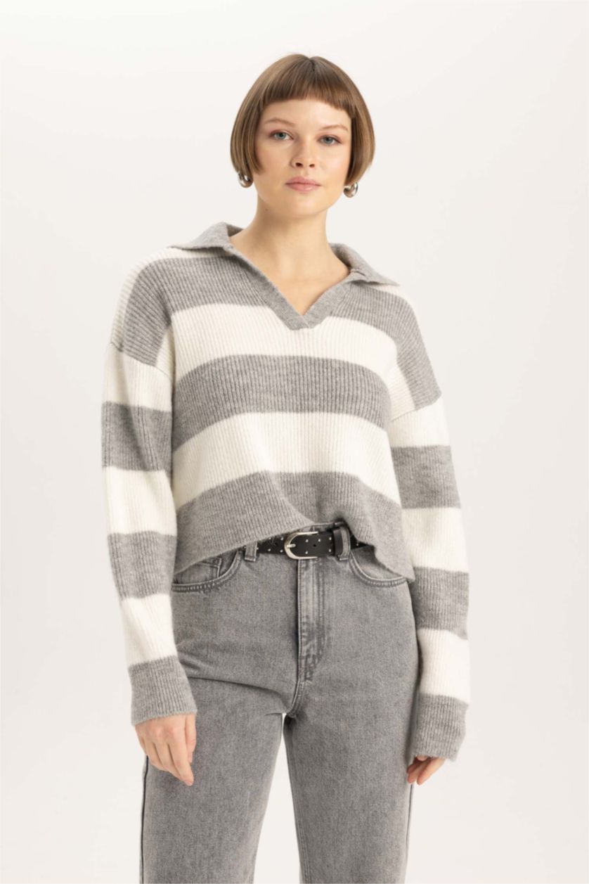 WOMAN Grey Melange Relax Fit Polo Collar Thessaloniki Fabric Pullover