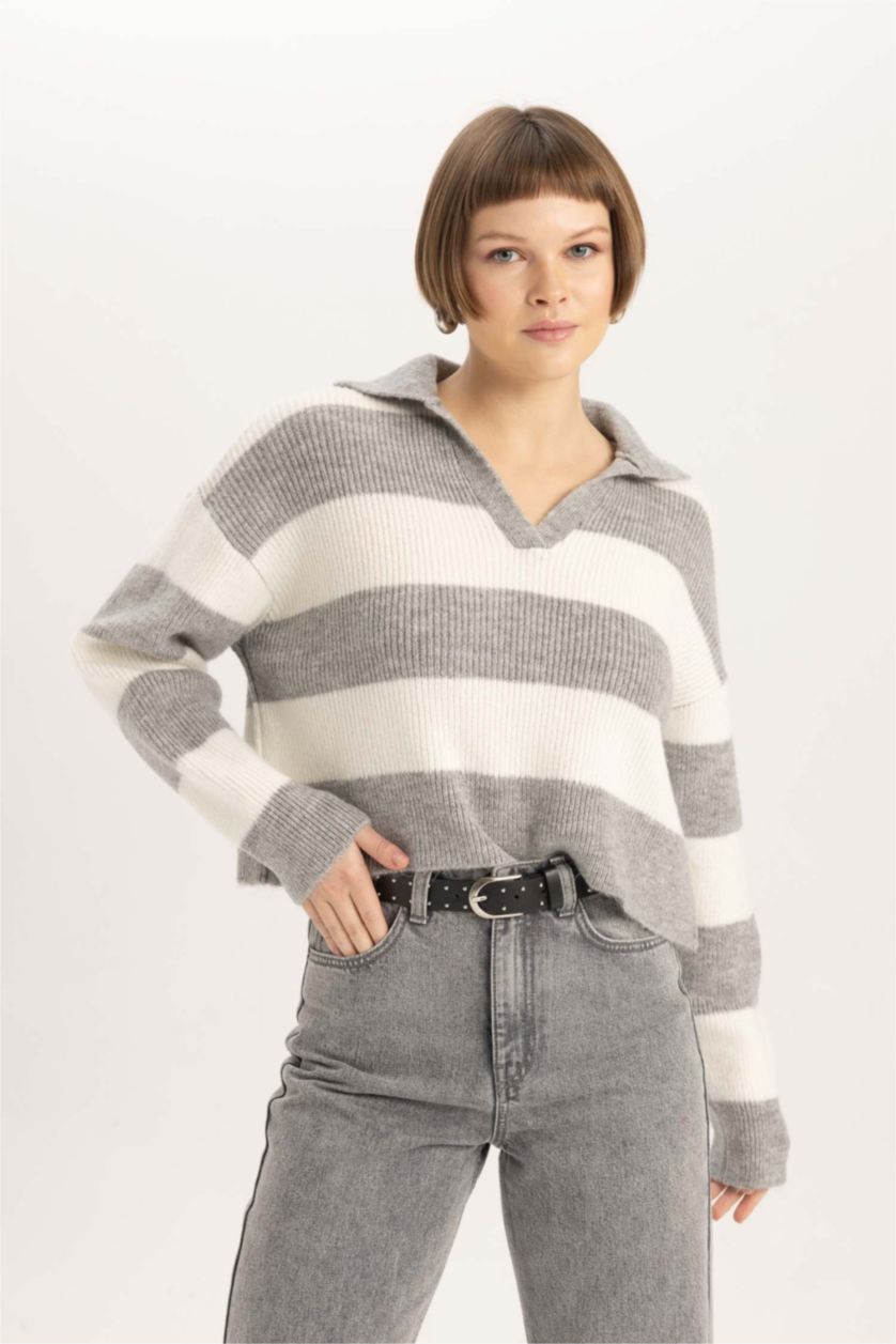 WOMAN Grey Melange Relax Fit Polo Collar Thessaloniki Fabric Pullover