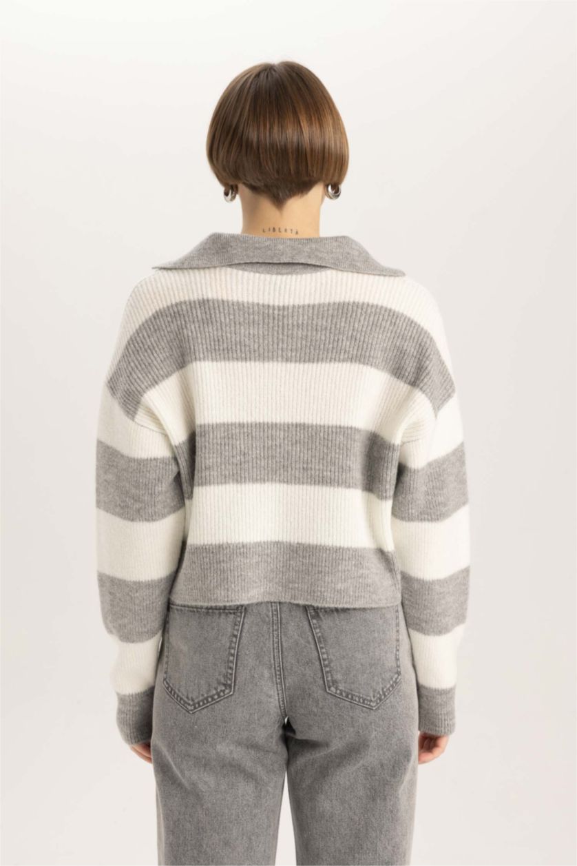 WOMAN Grey Melange Relax Fit Polo Collar Thessaloniki Fabric Pullover