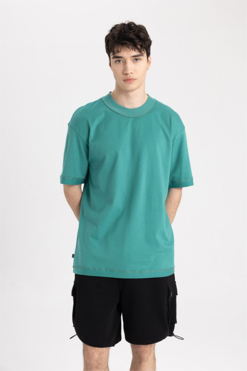 Erkek Yeşil Boxy Fit Bisiklet Yaka Kısa Kollu Tişört