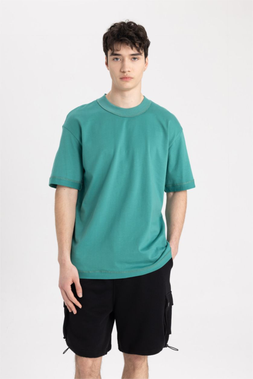 Erkek Yeşil Boxy Fit Bisiklet Yaka Kısa Kollu Tişört