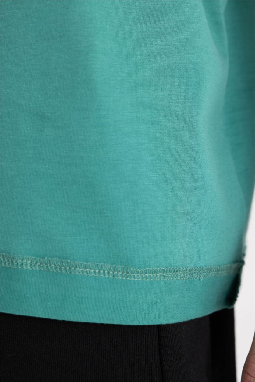 Erkek Yeşil Boxy Fit Bisiklet Yaka Kısa Kollu Tişört