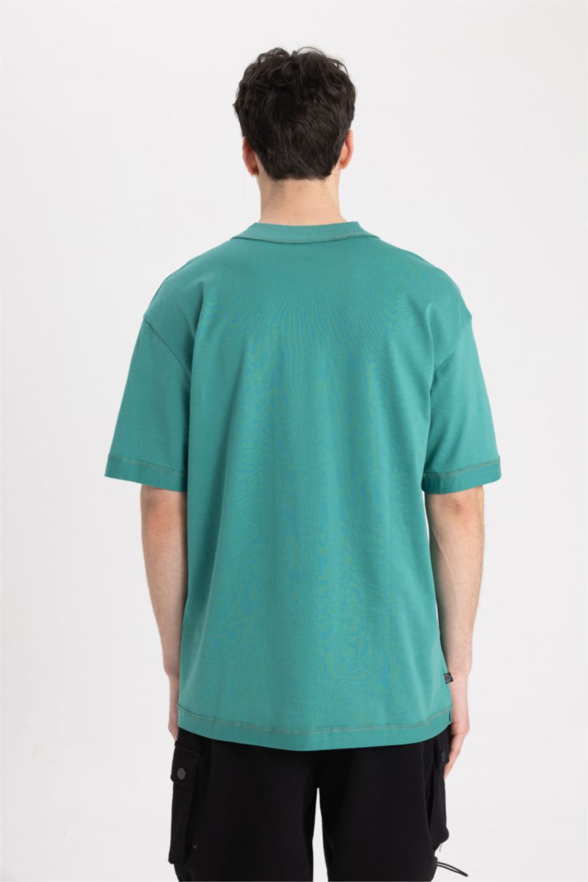 Erkek Yeşil Boxy Fit Bisiklet Yaka Kısa Kollu Tişört