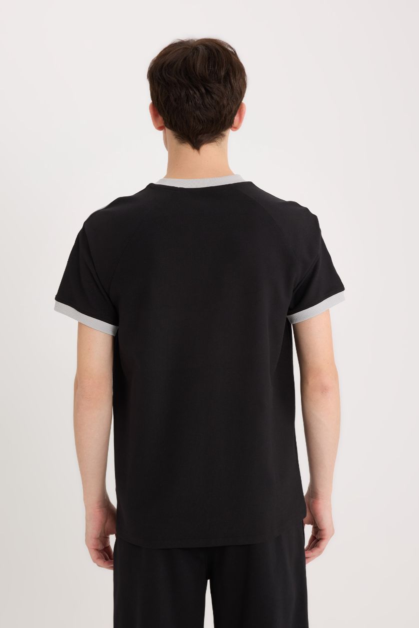 رجالي أسود تيشيرت قطن قصة عادية بيكيه برقبة مستديرة