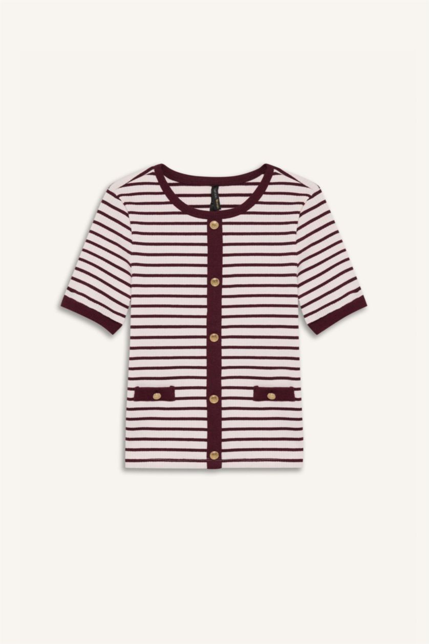 نساء خمري تيشيرت مخطط نص ردن مضلع سليم فيت بياخة مستديرة