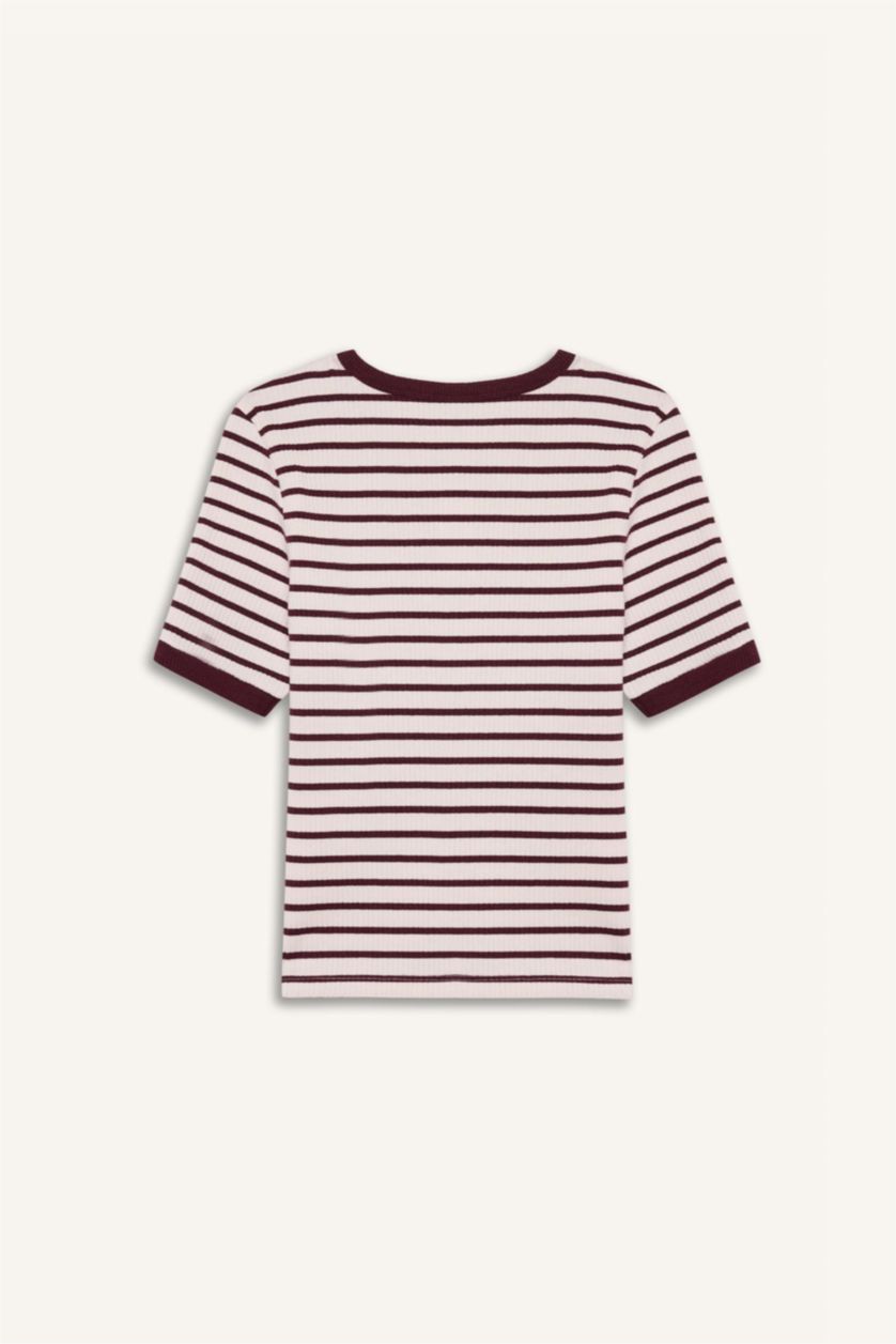 نساء خمري تيشيرت مخطط نص ردن مضلع سليم فيت بياخة مستديرة