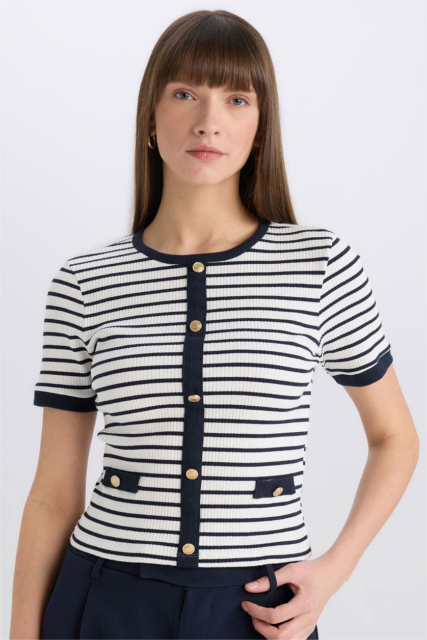 Kadın Lacivert Slım Fıt Bisiklet Yaka Çizgili Kısa Kollu Tişört
