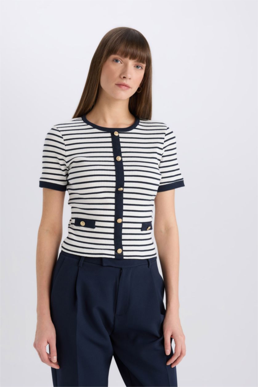 Kadın Lacivert Slım Fıt Bisiklet Yaka Çizgili Kısa Kollu Tişört