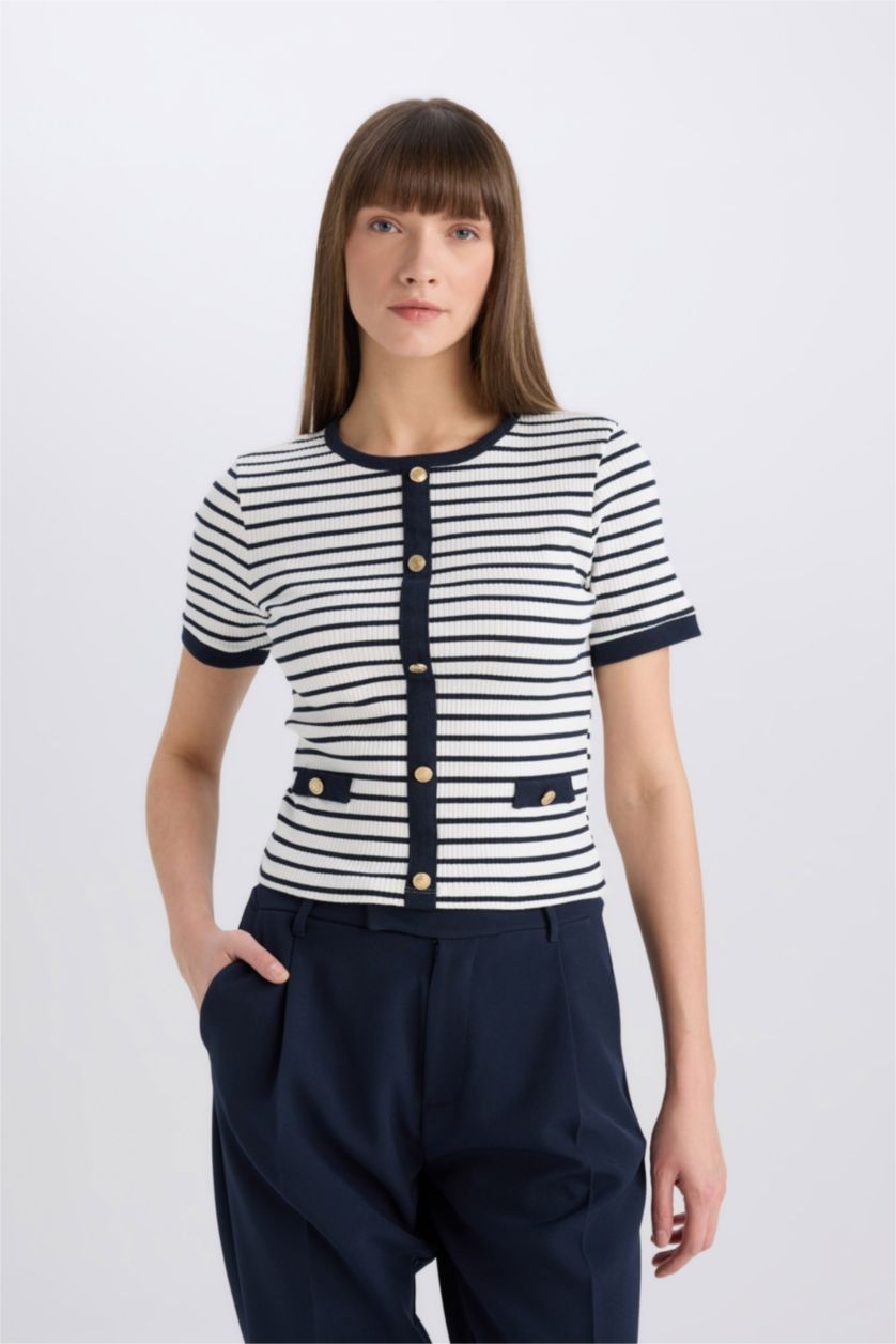 Kadın Lacivert Slım Fıt Bisiklet Yaka Çizgili Kısa Kollu Tişört
