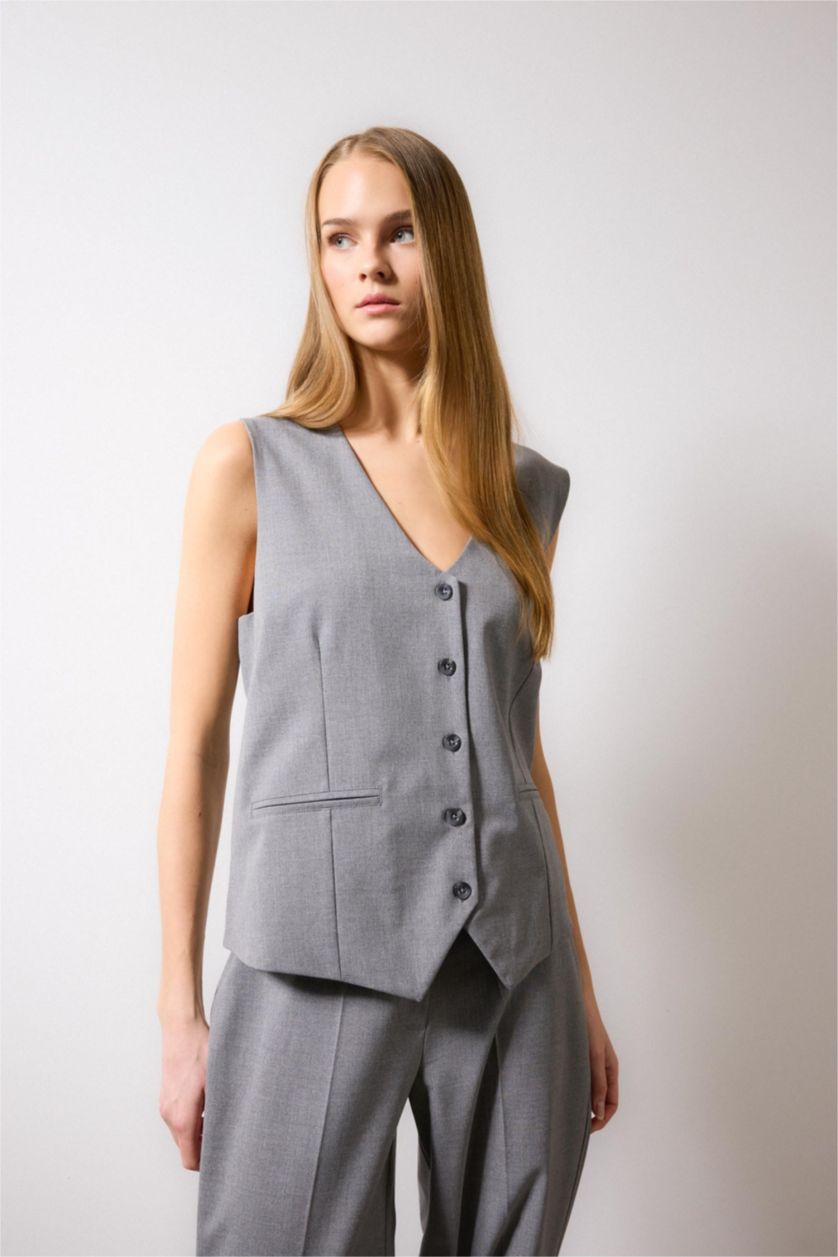Woman Light Grey Melange Long Fit V-Neck