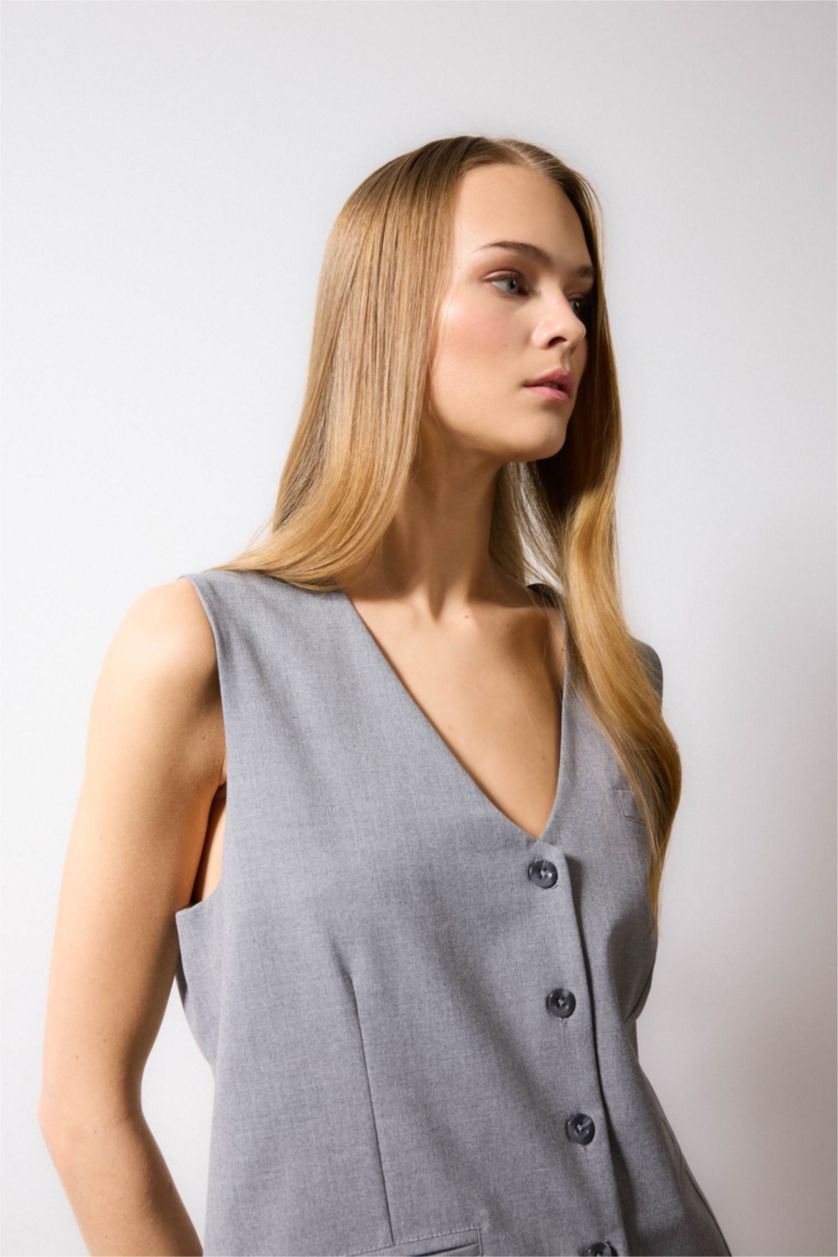 Woman Light Grey Melange Long Fit V-Neck