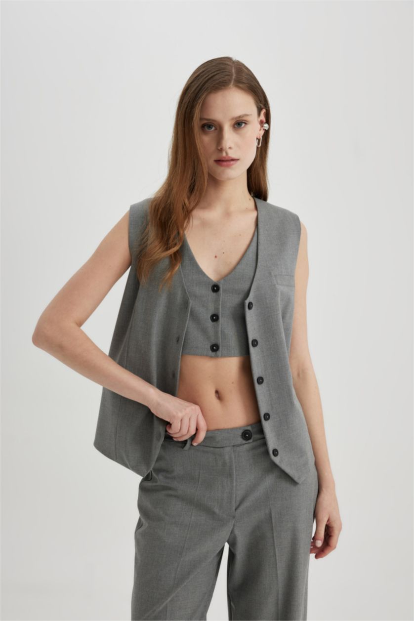 Woman Light Grey Melange Long Fit V-Neck