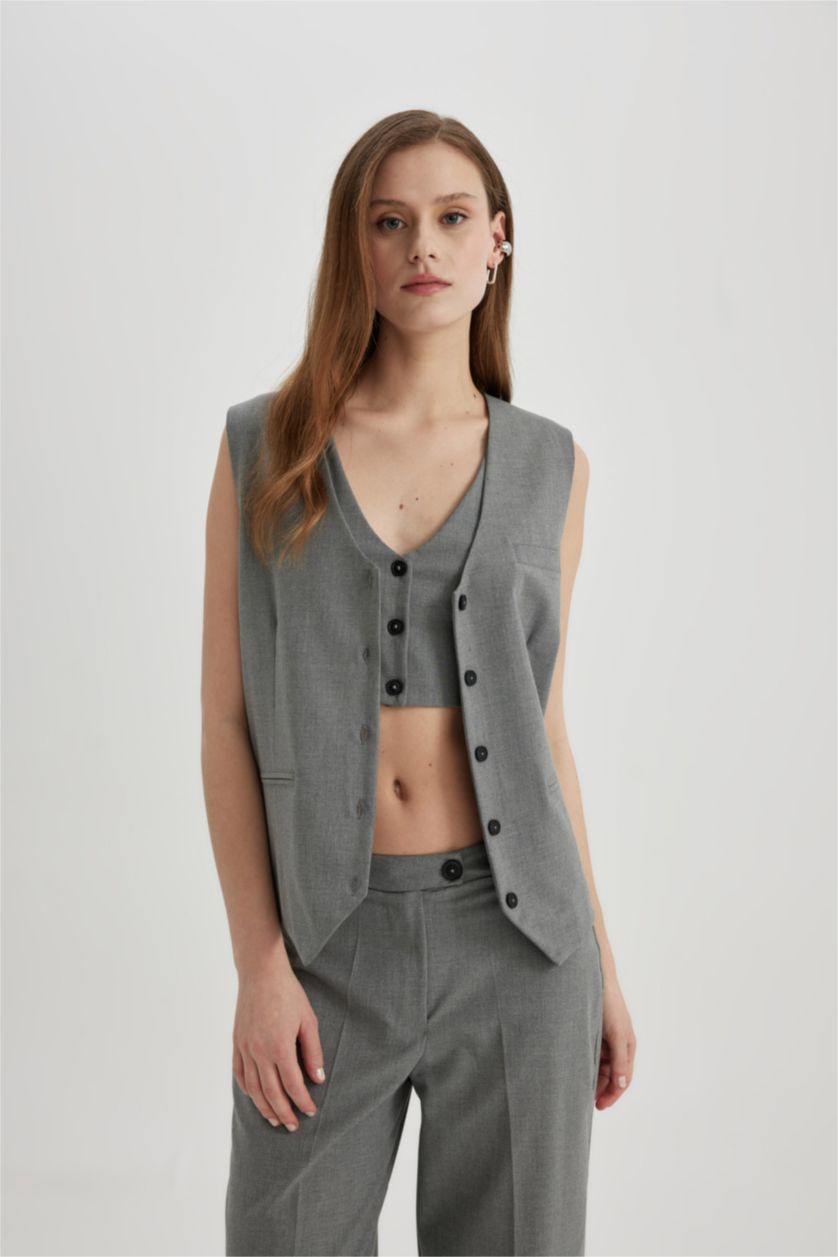 Woman Light Grey Melange Long Fit V-Neck