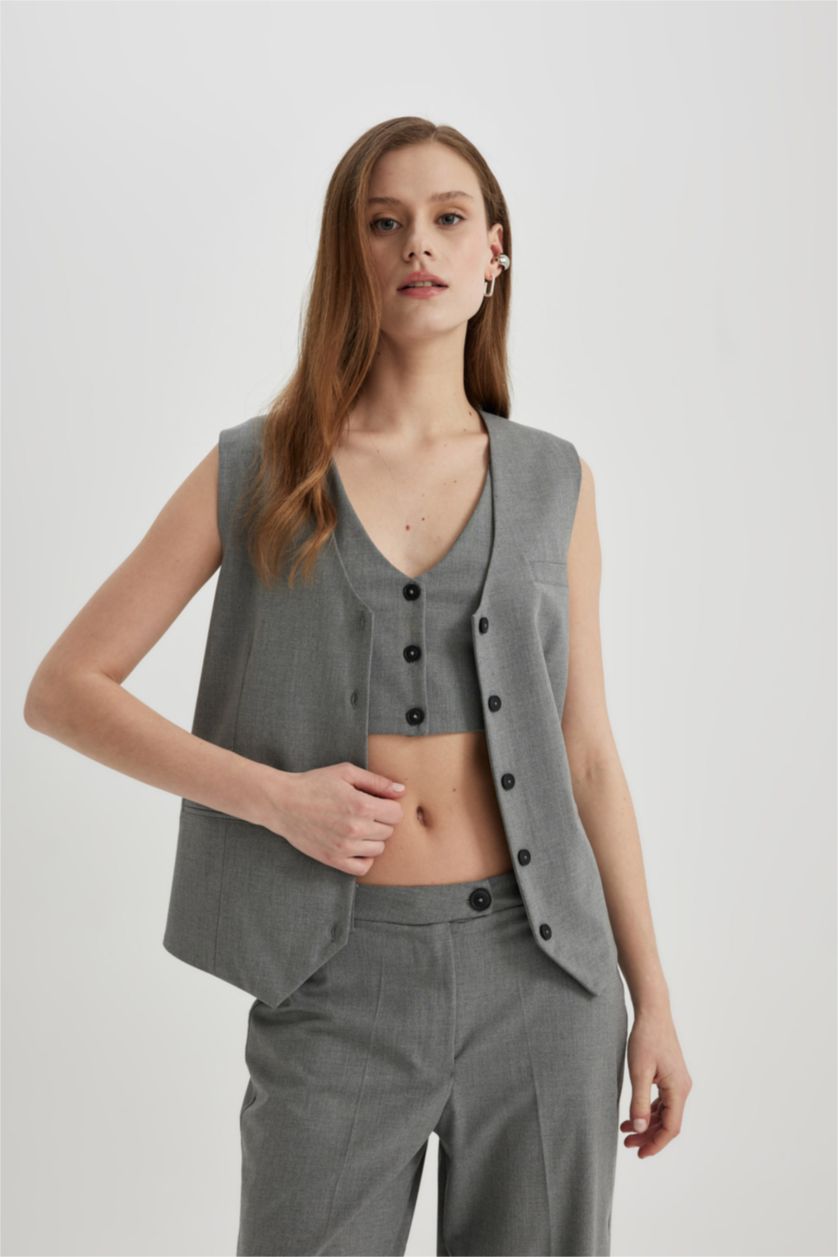 Woman Light Grey Melange Long Fit V-Neck