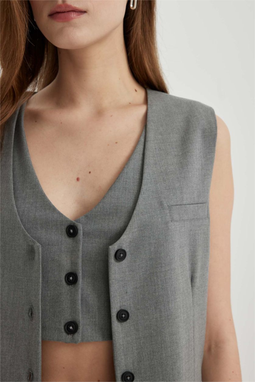 Woman Light Grey Melange Long Fit V-Neck