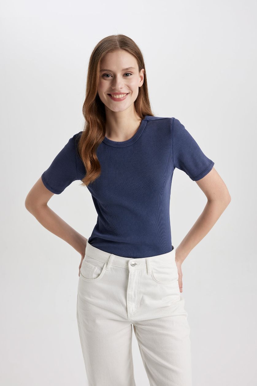 WOMAN Indigo Slim Fit Crew Neck Washed Faded Effect Basic T-Shirt