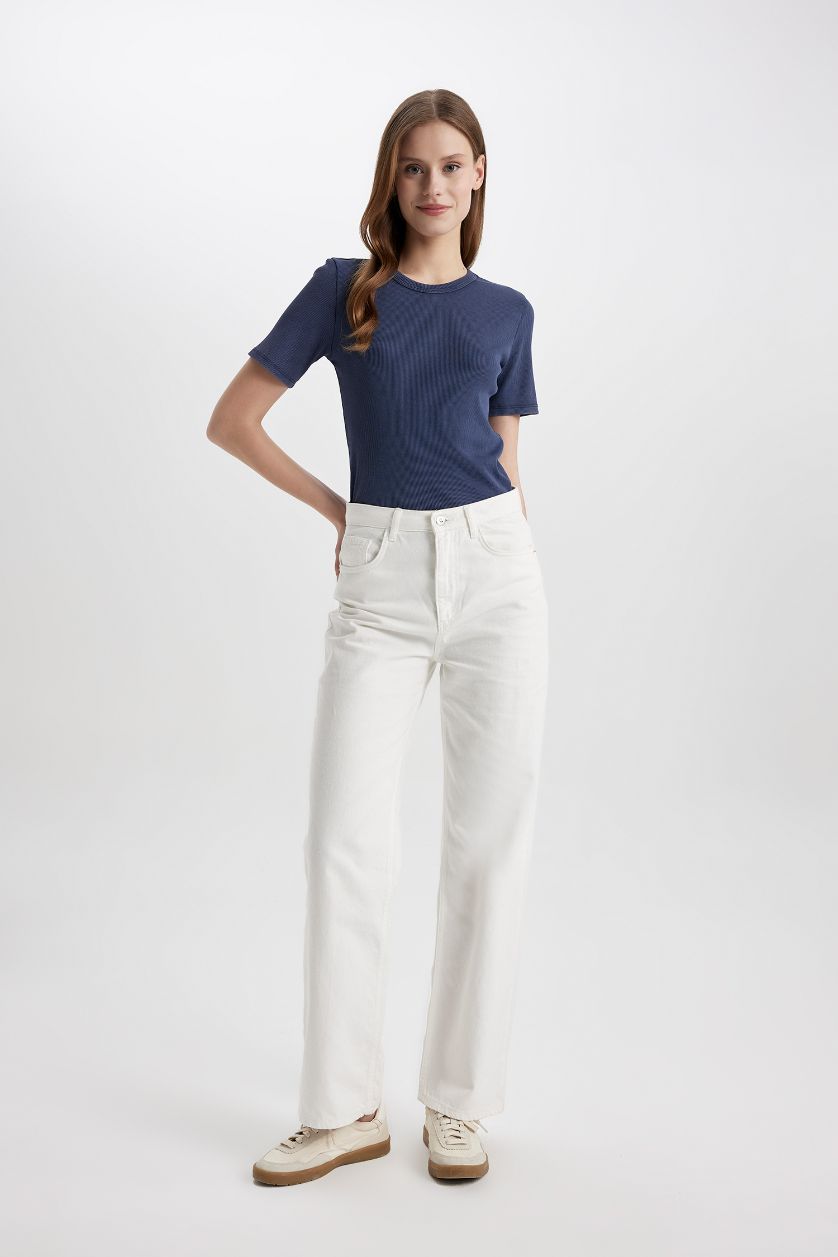 WOMAN Indigo Slim Fit Crew Neck Washed Faded Effect Basic T-Shirt