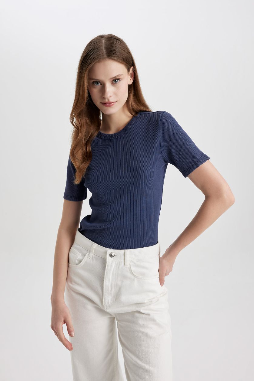 WOMAN Indigo Slim Fit Crew Neck Washed Faded Effect Basic T-Shirt