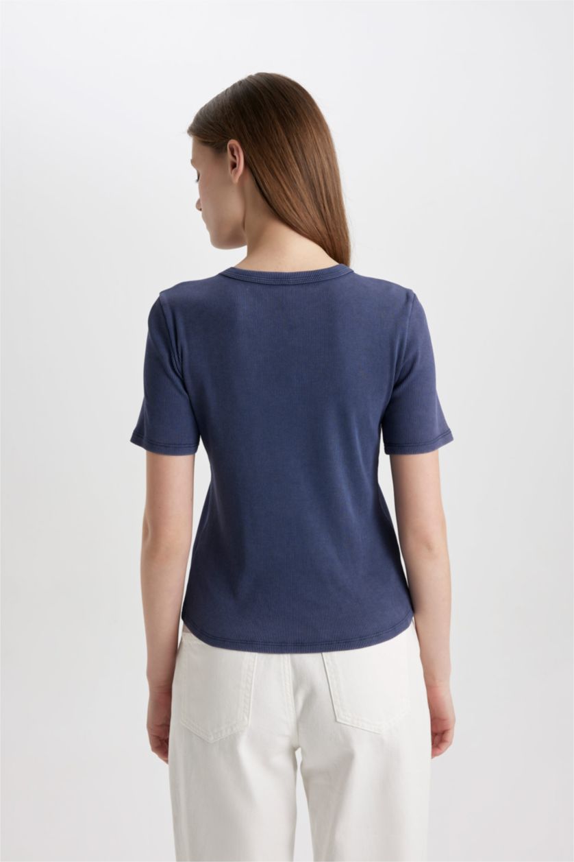 WOMAN Indigo Slim Fit Crew Neck Washed Faded Effect Basic T-Shirt