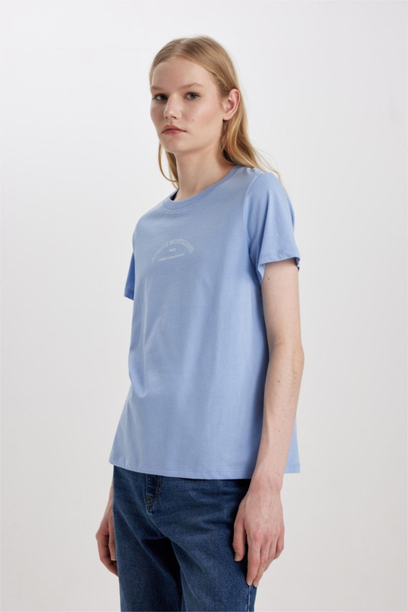 Kadın Mavi Regular Fit Bisiklet Yaka Baskılı Kısa Kollu Tişört