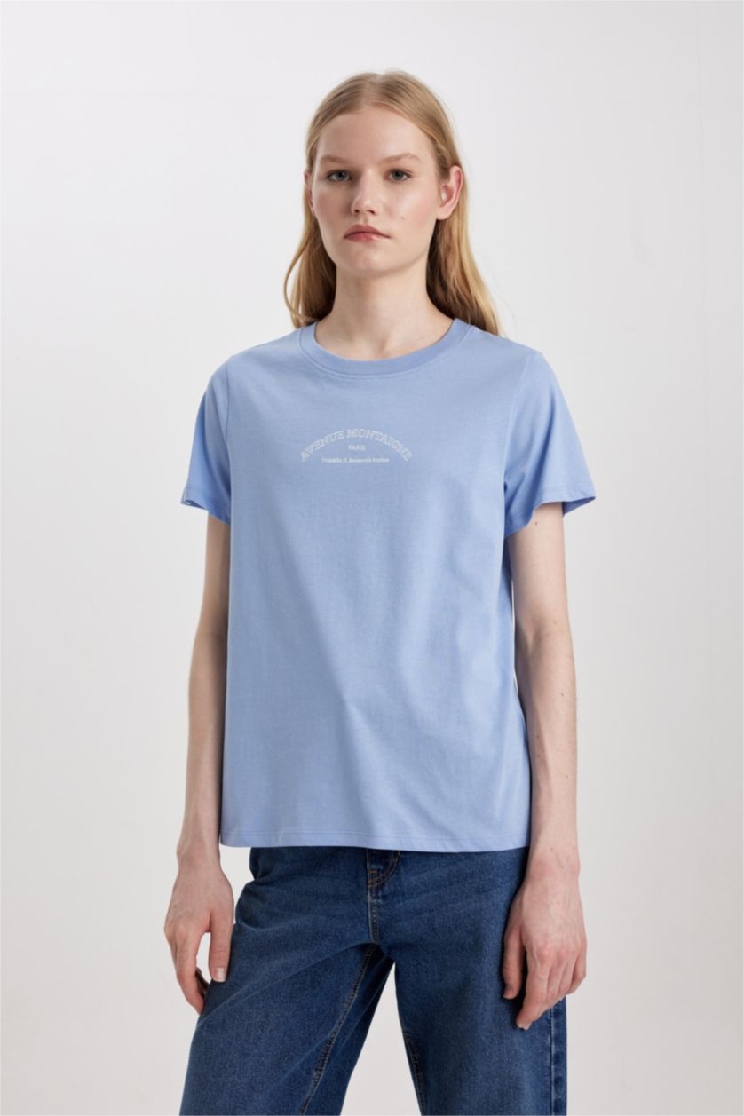 Kadın Mavi Regular Fit Bisiklet Yaka Baskılı Kısa Kollu Tişört