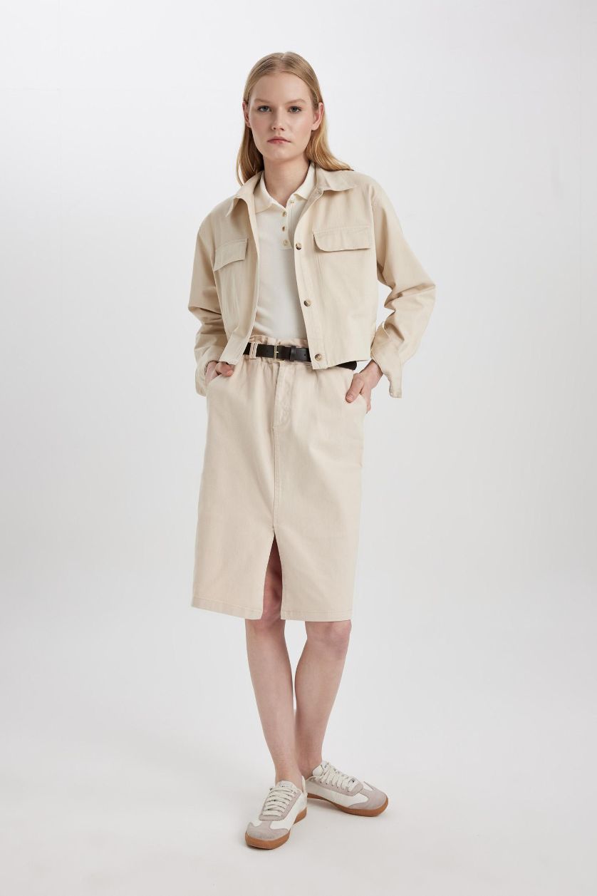 Kadın Bej Kalem Normal Bel Yırtmaçlı Gabardin Midi Etek