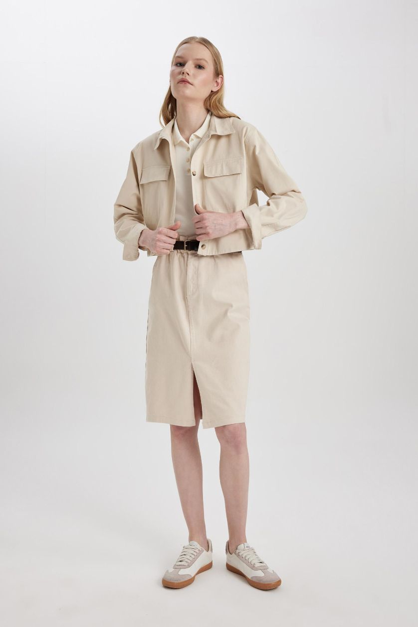 Kadın Bej Kalem Normal Bel Yırtmaçlı Gabardin Midi Etek