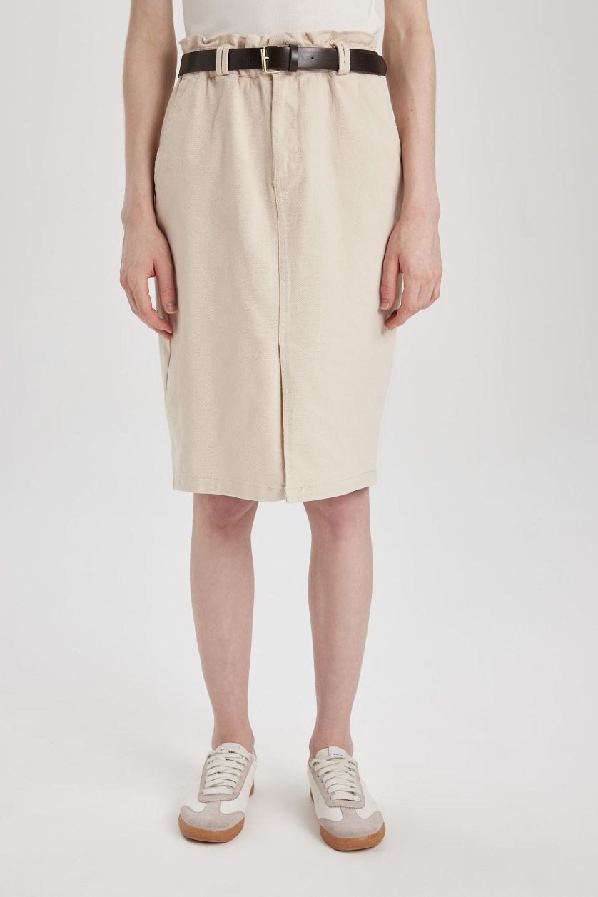 Kadın Bej Kalem Normal Bel Yırtmaçlı Gabardin Midi Etek