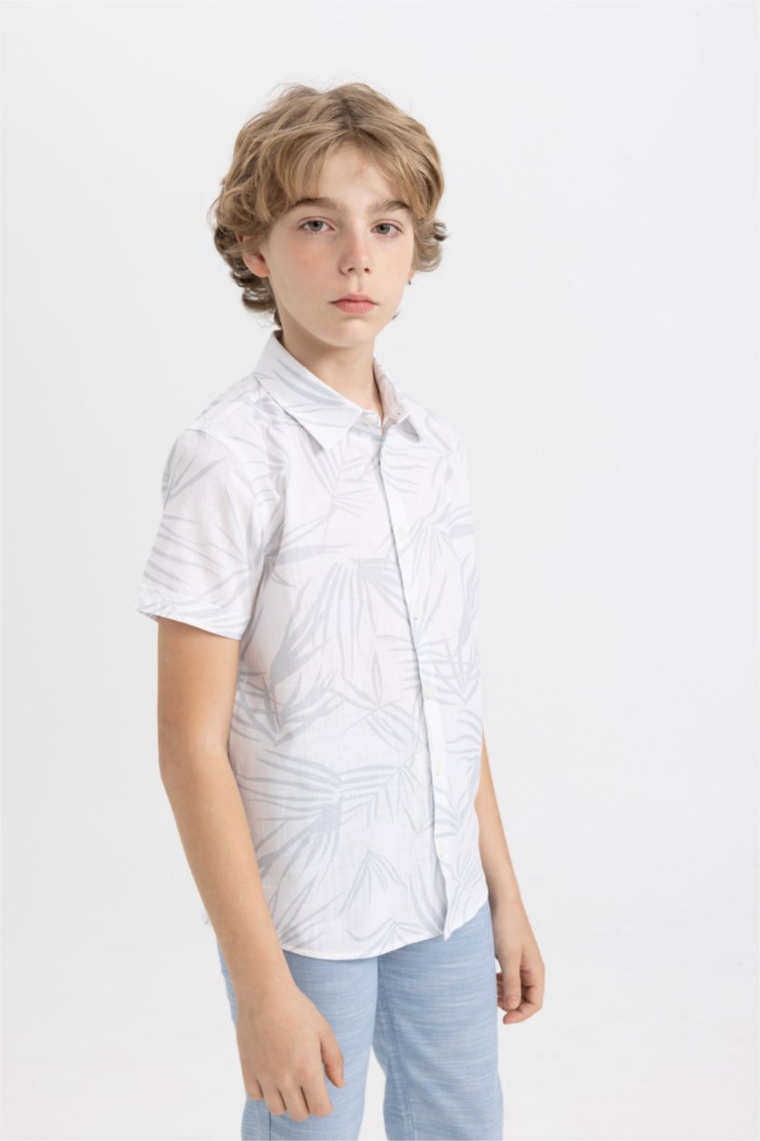 BOYS & TEENS White Boy Regular Fit Polo Neck Linen Look Shirt