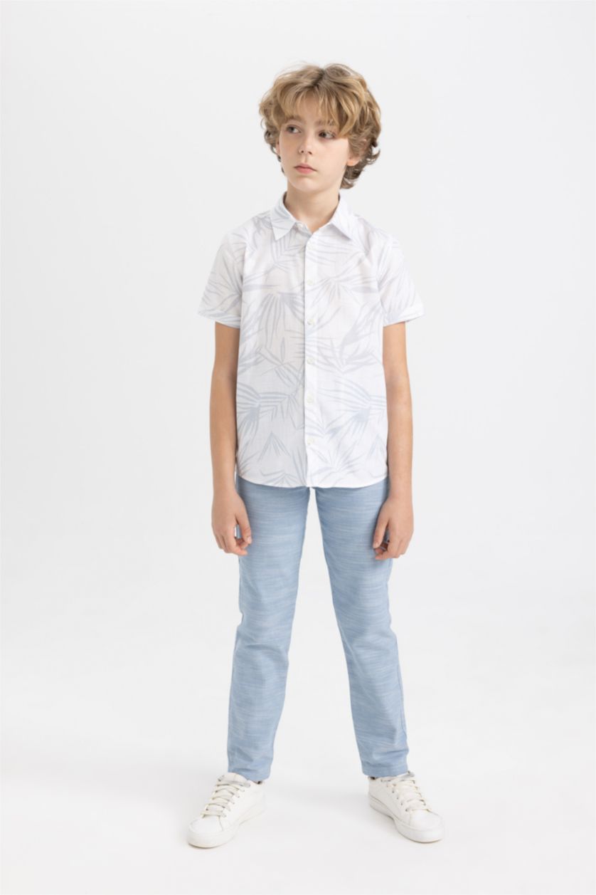 BOYS & TEENS White Boy Regular Fit Polo Neck Linen Look Shirt
