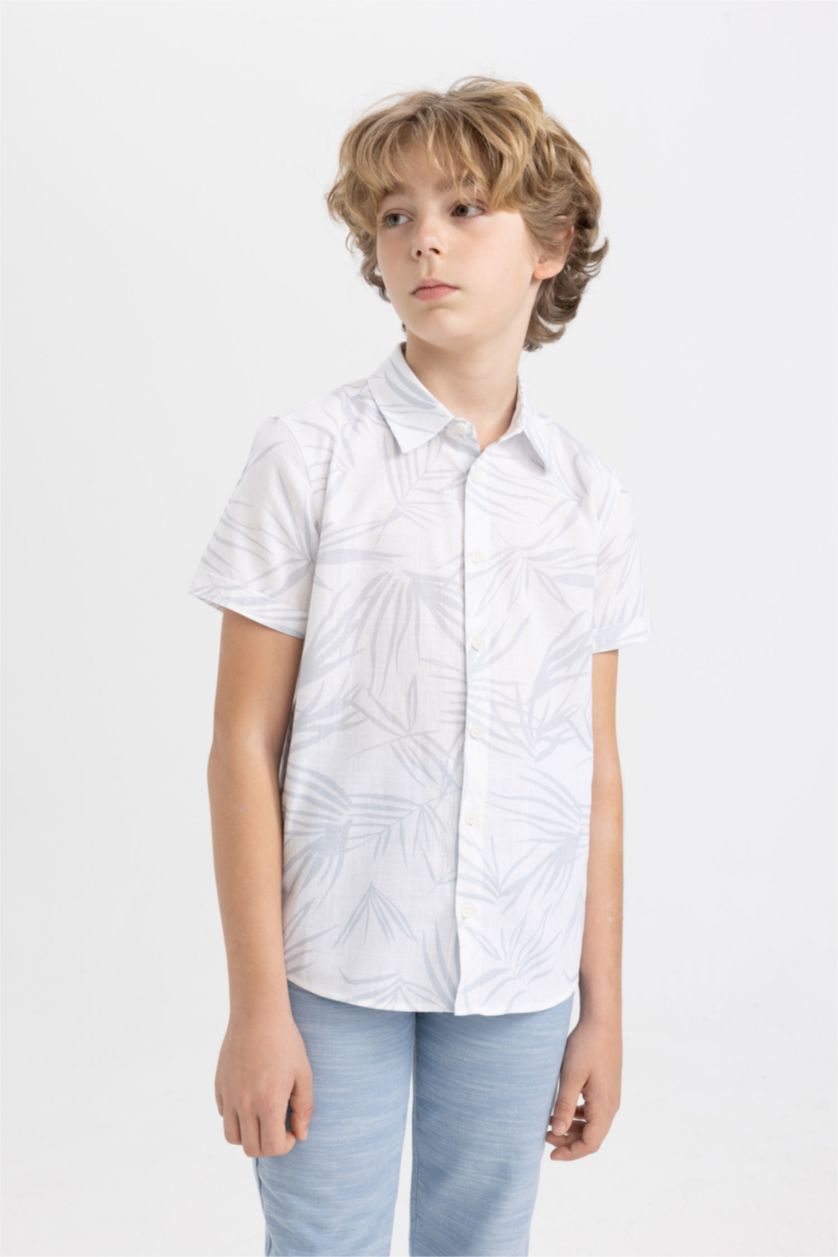 BOYS & TEENS White Boy Regular Fit Polo Neck Linen Look Shirt