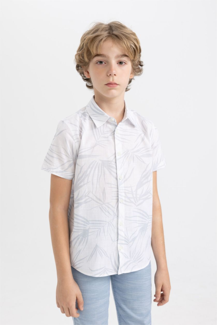 BOYS & TEENS White Boy Regular Fit Polo Neck Linen Look Shirt