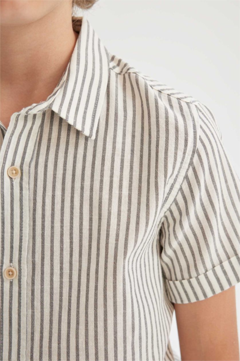 Erkek Çocuk - Genç Erkek Ekru Polo Yaka Keten Karışımlı Çizgili Kısa Kollu Gömlek Erkek Çocuk